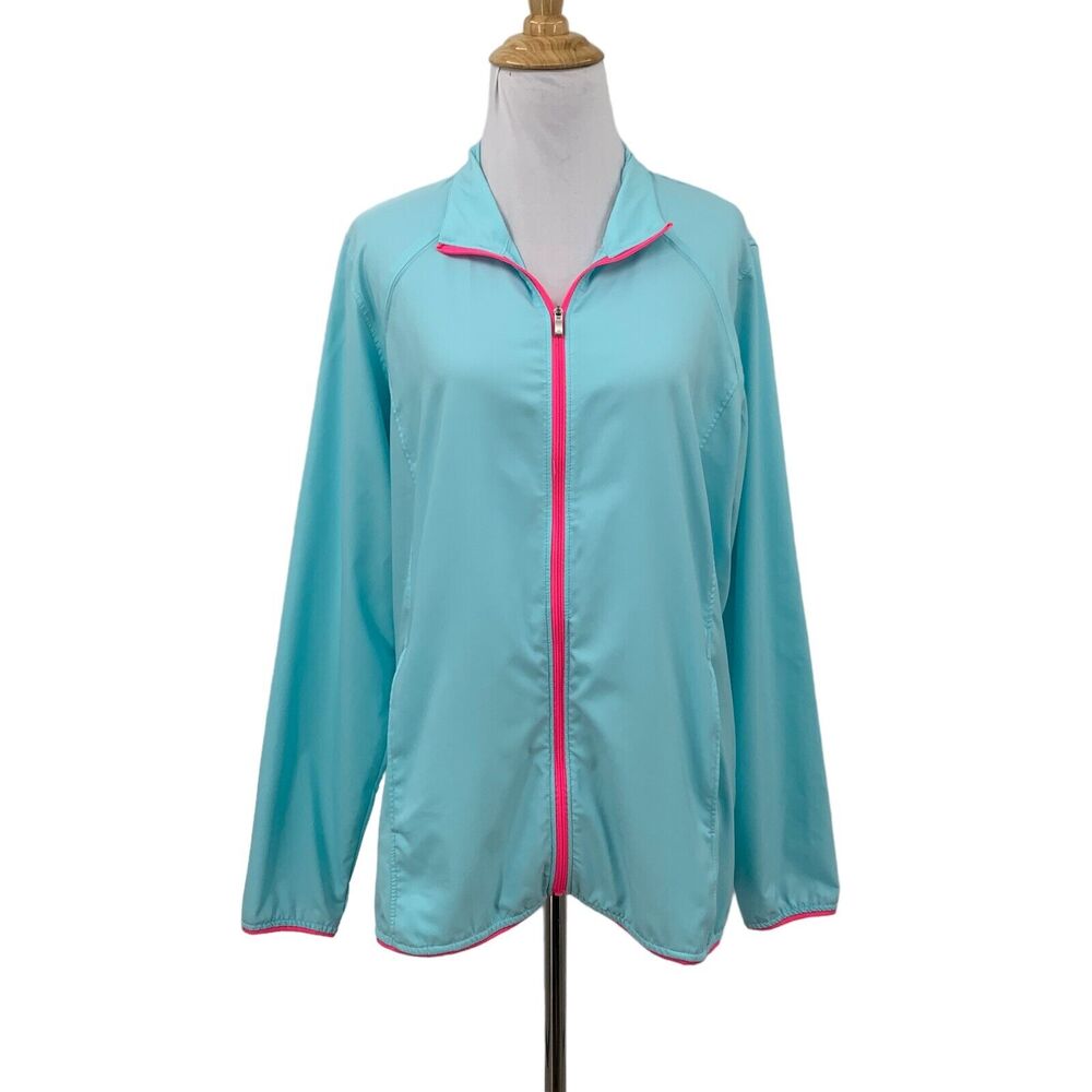 Adidas Golf Thin Windbreaker Jacket Womens L Large Aqua Pink Full Zip Pockets